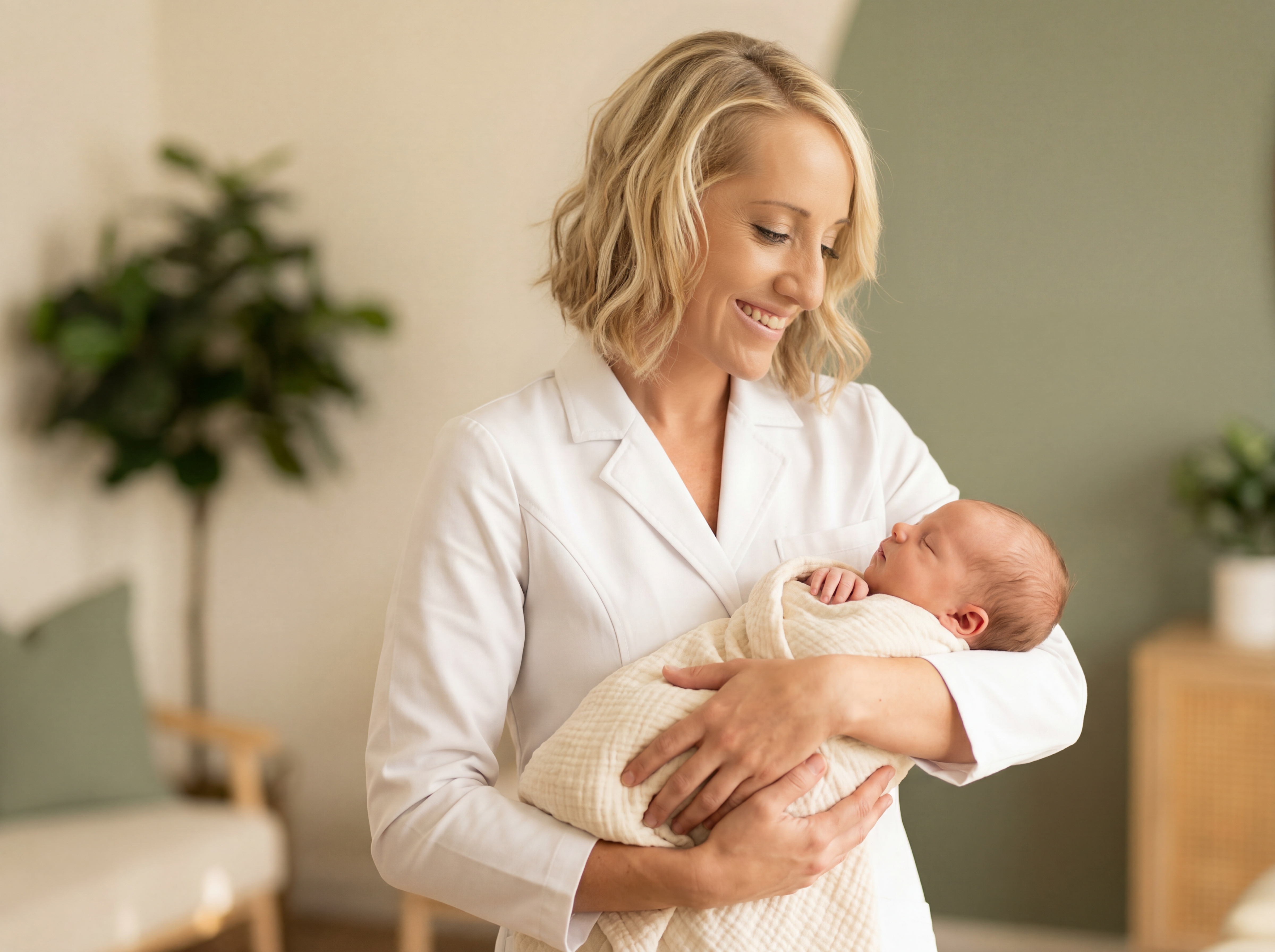 Dr Kate Phillips holding a newborn baby